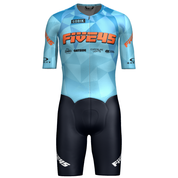FIVE45 primary kit — cyan geometric jersey with navy shorts
